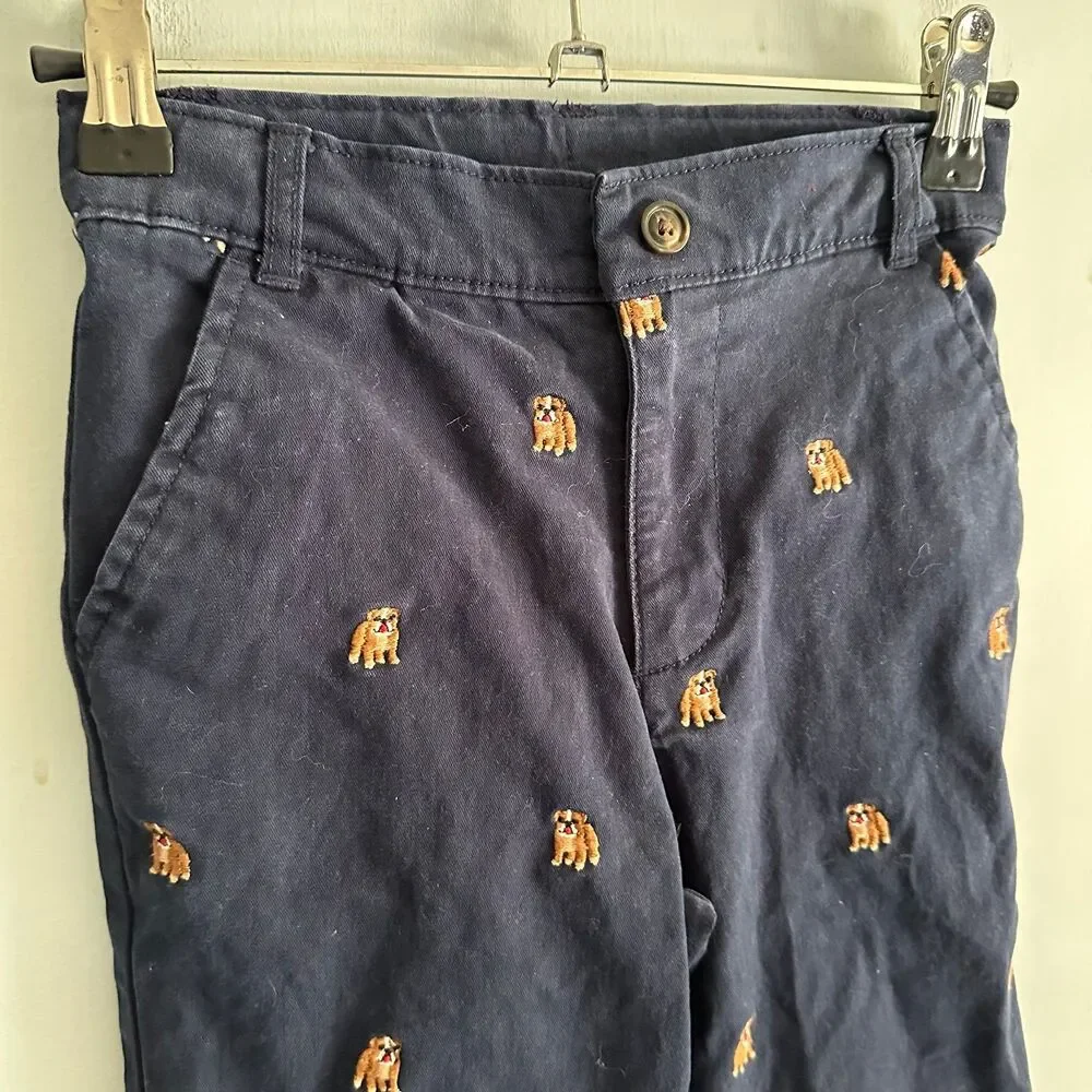 Gymboree Navy Blue Chino Pants with Tiny Bulldogs All Over Embroidery Size 6